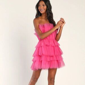 Lulu’s Tulle Intentions Hot Pink Strapless Tiered Tulle Mini Dress Sz: L